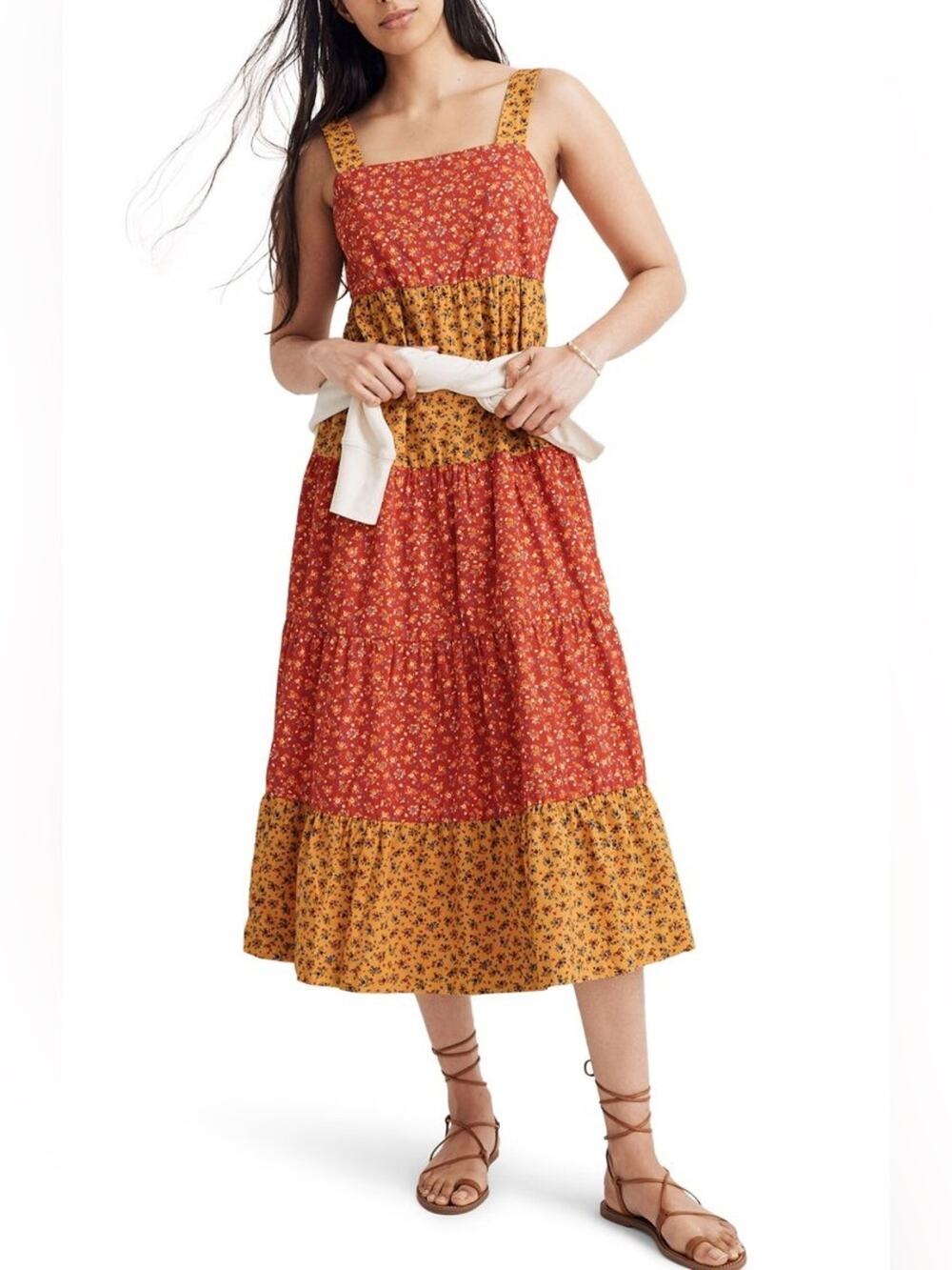 Madewell Button-Back Tiered Midi Dress in Colorblock Calico women’s size 0